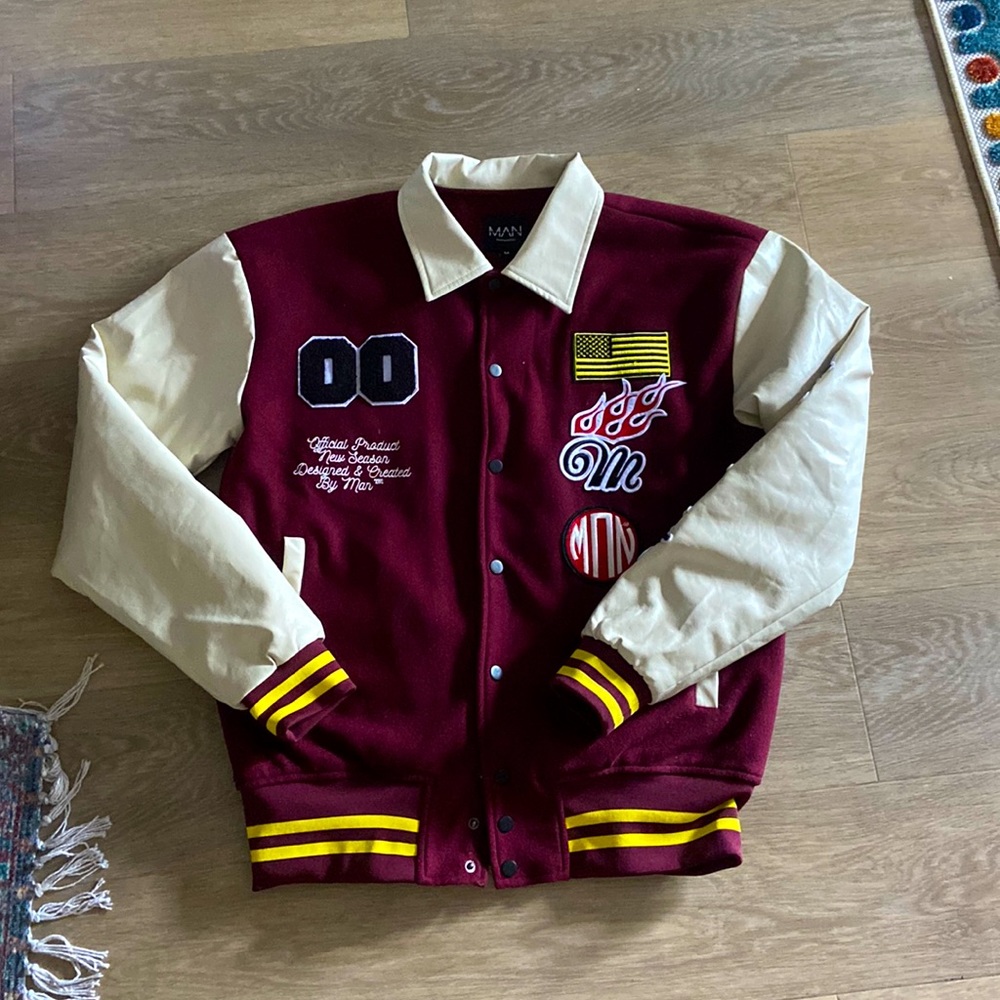 Mens medium maroon and white leather varsity jacket